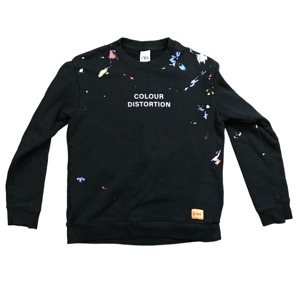 Zara Unisex Colour Distortion Splatter Paint Black Pullover Sweatshirt Size M